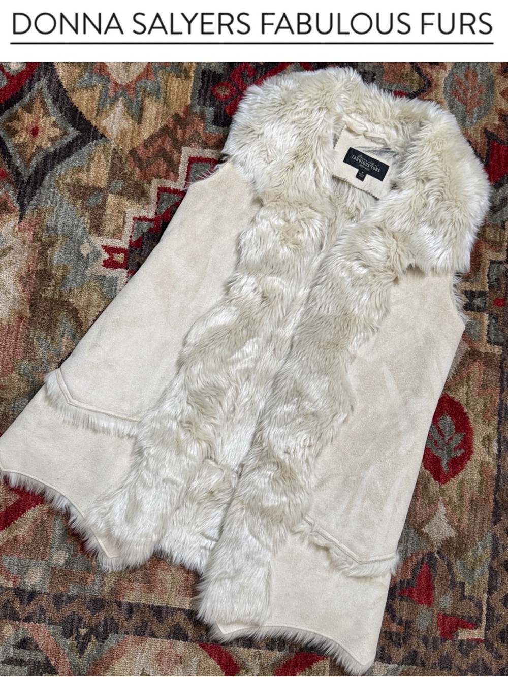 DONNA SALYERS FABULOUS FURS IVORY FAUX SUEDE & FUR OPEN FRONT VEST SIZE MEDIUM